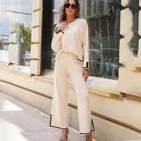 Women's Knitted Two-piece Long-sleeved Loose Top, Wide-leg Pants, Home Service Casual Round Neck Suit XL juoda