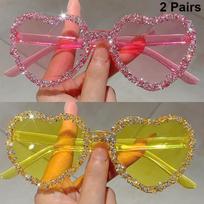 2 Pairs Heart Shaped Sunglasses with Rhinestones Women Fashion Cute Beach Vacation Shades Trendy Design Casual Decor Sun Glasses as picture shows