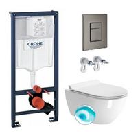 Grohe potinkinis wc rėmas su braižyto grafito spalvos mygtuku ir GSI Pura 55cm pakabinamu wc su ExtraGlaze keramikos danga