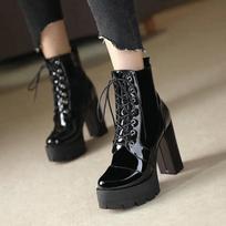 Ultra-high Heel Boots Women Round Head Thick with Waterproof Platform Lace-up Boots Patent Leather High-heeled Boots 34 juoda