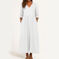 Suknelė moterims ilga boho paplūdimio suknelė elegantiška maxi suknelė V formos iškirpte 3/4 rankovių suknelė su kišenėmis L smėlis