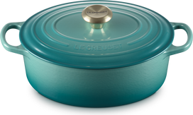 Le Creuset Ketaus puodas Signature ovalus, 27 cm, Riviera mėlynos spalvos
