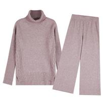 Megztinio komplektas Šiltas kostiumas moterims Žieminiai megzti kostiumai Dviejų dalių komplektas Soild Turtlencket Megztinis Laisvos kelnės Biuro moteriškas kostiumas One Size kupranugaris