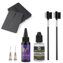 UV Lempa Plaukų priauginimo rinkinys - Rinkinį sudaro Apsauginiai skydeliai nuo UV spindulių, 30g UV klijų, 30ml Klijų valiklio, Greitai džiūstančių UV plaukų priauginimų ir Šukos A set