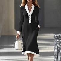 Women's Elegant Commuting Two-tone V-neck MIDI Dress XXL raudona