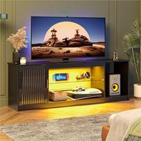 "Bestier" 65 colių TV spintelė Žaidimų LED pramogų centras su blizgiu briaunuotu stoveliu PS5, "Xbox" ir TV konsolei su reguliuojamomis stiklo lentynomis Blizgi juoda