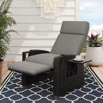 "Grand patio Recliner" kėdė su sėdynės pagalvėle, kėdė su porankiu, reguliuojamu atlošu, rotango gultas, skirtas naudoti patalpose ir lauke, tamsiai pilka sėdynės pagalvėlė ir rudas rotangas