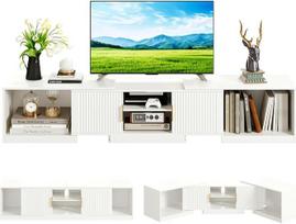 "IRONCK" TV spintelė, ištraukiama 160-200 cm, žemoji lenta 30-75 colių televizoriams, pasukama kampinė TV spintelė, medinė, 2 durys ir reguliuojama laikymo erdvė, moderni TV lenta svetainei, balta