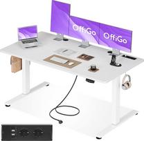 "OffiGo" reguliuojamo aukščio rašomasis stalas, 160 x 80 cm, elektrinis rašomasis stalas su lizdais ir USB įkrovimo prievadu, reguliuojamo aukščio stalas su 2 atminties funkcijomis, kompiuterio stalas biurui, namams, baltas