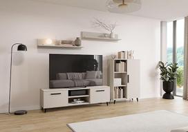 "Per la vita" Kašmyro spalvos sieninė spintelė "Oslo" - Kašmyro spalvos modernus svetainės kambario komplektas su lentynomis - modernūs baldai su integruota svetainės spinta, TV spintelė ir sieninė lentyna x 2