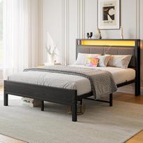 Bett 120x200 cm，Bettrahmen mit Ladestation, Robustes Metallbett mit Holz Stauraum-Kopfteil aus Stoff,Gästebett Doppelbett/Einzelbett Bettrahmen Gästezimmer,Metall mit Lattenrost, Schwarz