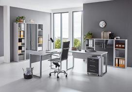BMG baldų komplektas "Study Office Edition" 5 - kampinis rašomasis stalas su riedančiu konteineriu ir dokumentų spintelėmis, pilkos/antracito blizgios spalvos biuro komplektas (komplektas 5)