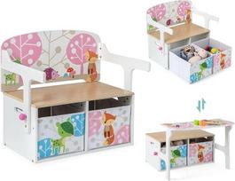 FANTASK 3-in-1 vaikiškas suoliukas, vaikiškas stalo kėdžių komplektas su 2 medžiaginėmis dėžėmis, vaikiškų sėdynių komplektas su laikymo vieta ir porankiais vaikų kambariui (baltas)