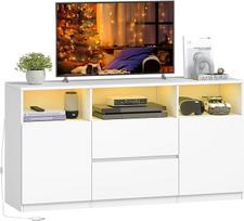 Hzuaneri TV spintelė su RGB LED apšvietimu (25 spalvos), TV spintelė, skirta televizoriams iki 65 colių, 2 stalčiai, 3 atviri skyriai, skirta svetainei, miegamajam, balta TV17003XEU