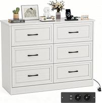 Komoda su kištukiniais lizdais, komoda su 6 stalčiais, 2 USB ir 2 kintamosios srovės lizdais, medinė komodos spintelė miegamajam, svetainei, prieškambariui, 106 x 81,5 x 39 cm, balta