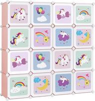 SONGMICS 16 kubų lentynų sistema Vaikų spinta su durimis Plastikinė batų lentyna be varžtų Daugiafunkcinė batų lentyna Žaislas 123 x 31 x 123 cm Rožinė LPC906P01
