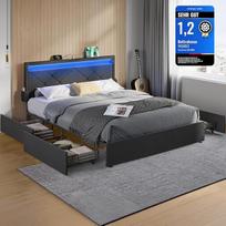 VASAGLE dvigulės lovos rėmas, tinka 140 x 200 cm čiužiniui, LED metalinė lova, 4 stalčiai, įkrovimo stotelė, reguliuojamas paminkštintas galvūgalis, šiferio pilka, RMB827G02