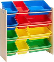 "Amazon Basics" vaikiškų žaislų laikymo žaislų organizatorius su 12 plastikinių talpyklų, natūralaus medžio su spalvotomis talpyklomis, 27,7 D x 85,3 W x 79 H cm