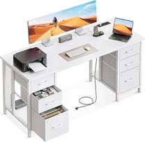 "Coleshome" rašomasis stalas su 6 stalčiais, 160 x 52 cm, kompiuterio stalas, 2 kištukiniai lizdai ir 2 USB įkrovimo lizdai, baltas rašomasis stalas su lentynomis, skirtas namų biurui