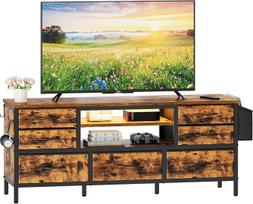 "Dripex" televizoriaus spintelė "Lowboard" iki 55 colių televizoriams su 7 stalčiais, laikymo krepšiu ir atviromis lentynomis, RGB LED apšvietimu, pramoninio stiliaus, 120 x 35 x 50 cm