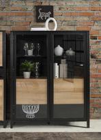 "Forte HIGH ROCK" vitrina 120, moderni pastatoma vitrina, 2 stiklinės durys, vitrina, svetainės vitrina, medžio kompozitas, juoda / Riviera ąžuolo medžio medžiaga, 121,3 cm pločio x