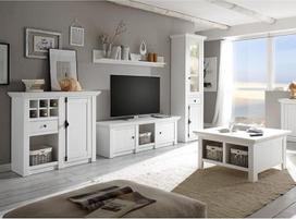 "Lomadox" Svetainės sienų bloko komplektas, įskaitant kavos staliuką "Country House" stiliaus pušies baltos spalvos Nb. Matmenys Vitrina apie 63 cm