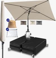 "Menz" stačiakampis skėtis 200 x 125 cm + skėčio stovas + skėčio gaubtas - 3 balkonų apsaugos nuo saulės komplektai, smėlio spalvos, skėtis balkonui su stovu, sulenkiamas reguliuojamo aukščio skėtis balkonui