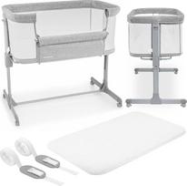 "Moby-System Luna 3-in-1" kūdikio lova ir kelioninė vaikiška lova su čiužiniu, reguliuojamo aukščio kūdikio kelioninė lovytė, šoninė lova iki 9 kg, nuimamas šoninis skydelis, 4 transportavimo ratukai, pilka