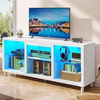 "YITAHOME" TV spintelė, 65 colių ir mažesniems televizoriams skirta žemoji lenta su RGB LED apšvietimu, 148 cm TV lenta su reguliuojamomis stiklo lentynomis, integruotu kabelių valdymu, televizoriaus stovas svetainei (balta)