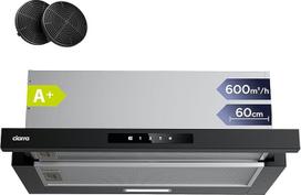 CIARRA CBCB6909A A+ 60 cm 600 m³/h plokščias gartraukis su CBCF055 aktyviosios anglies filtru Valdymas liečiant Integruotas plokščias ištraukiamasis oro recirkuliacinis gartraukis 3 galios lygiai, skirtas virtuvėms, juodas