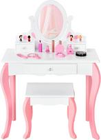 DREAMADE 2-in-1 vaikiškas tualetinis staliukas su taburete ir nuimamu veidrodžiu, princesės tualetinis staliukas Medinis kosmetinis staliukas su 3 stalčiais vaikams, mergaitėms nuo 3 metų (baltas)