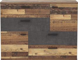 FORTE Skive komoda su 2 durelėmis ir 4 stalčiais, medžio kompozito, senovinio senovinio dekoro ir betono išvaizdos, tamsiai pilka, 124,9 x 41,3 x 95,9 cm