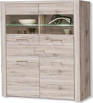 FORTE Portland vitrina su 2 durimis, 2 stiklinėmis durelėmis ir 1 stalčiumi, medžio kompozitas, smėlio ąžuolas, 126,9 x 143,9 x 41,3 cm