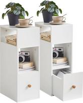 IBUYKE WNS006W-2 Naktinis staliukas, 2 vnt., siauras staliukas su stalčiumi, 2 atviri skyriai, maža naktinė spintelė, taupanti vietą, skirta miegamajam, svetainei, kabinetui, balta