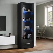 SONNI stiklinė vitrina su LED apšvietimu, juoda/balta, blizgus priekis, 4 lentynos ir 1 stalčius, stovinti vitrina, svetainės vitrina, W550 x D350 x H1720 mm
