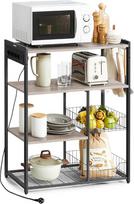 VASAGLE KKS196K02 Virtuvės lentyna su lizdais, stovinti lentyna su 2 metaliniais krepšeliais, kepinių lentyna su kabliukais, lentynos, 35 x 80 x 93,5 cm, pramoninio dizaino, pilkai smėlio spalvos, juodos spalvos su rašalo dėmėmis