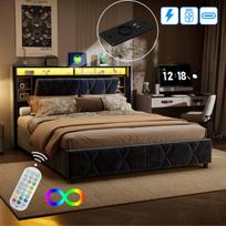160x200 cm dujinio slėgio lova su LED ir USB prievadais, galvūgalis su daiktadėže, aksomas, pilka