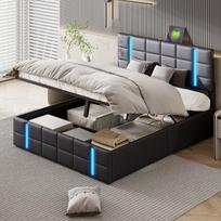 Dvigulė lova su USB ir LED apšvietimu, daug vietos daiktams susidėti, 140x200 cm, be čiužinio, juoda PU danga