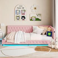 Sofa-lova 140x200 cm, apmušta lova su LED, USB, meškiuko vilnos audinys, rožinė