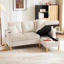 "Merax" kampinė sofa 3 vietų sofa su šezlongu, paslėpta laikymo vieta ir laikikliu gėrimams, L formos kampinė sofa iš medvilninio lino, medžio masyvo korpusas, skirta svetainei, butui ir biurui - smėlio spalvos, 175