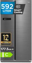 "Midea" MDRS791MIC46 Šaldytuvas "Side-by-Side" su "No-Frost" ir "WiFi", 592 l, 177,5 cm aukščio, inverterio technologija, kelių oro srautų ir drėgmės reguliavimas, "SuperCool" ir 37 dB