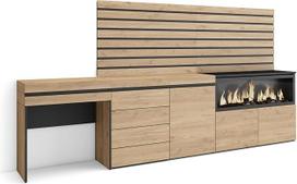 "Skraut Home" tualetinis staliukas su daiktadėže 284 x 145 x 35 cm su stalčiumi Elektrinis židinys XXL komoda Lentynų siena Mediena Modernus stilius Ąžuolas