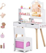 DREAMADE 2-in-1 vaikiškas tualetinis staliukas su kėdute, tualetinio staliuko rinkinys su spalvotu LED veidrodžiu, spintelė, atviros lentynos ir stalčiai, kosmetikos staliukas, tualetinis staliukas vaikams nuo 3 metų (baltas)