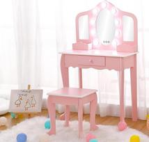 Garvee Kinderwaschtisch mit beleuchtetem Spiegel, Schminktisch und Hocker, Kinder-Make-up mit dreifach klappbarem Spiegel, Schublade und Aufbewahrungsgitter für 3-9 Jahre, Rosa