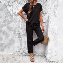 Women Top Pants 2 Pcs Set Hollow O Neck Short Sleeves Pockets Lace-up Waist Solid Color Casual Loose Breathable Lady Daily T-shirt Trousers Set XXXL juoda