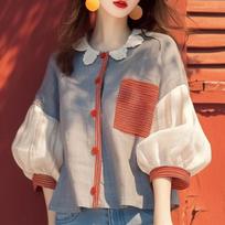 Chiffon Vintage Women's Shirt Summer Patchwork Korean Clothing Loose Short Sleeves Tops O-Neck Women Blouses XXXL