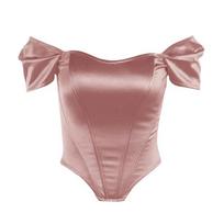 Vasarinė plona trumpomis rankovėmis satininė palaidinė, moteriška palaidinė, plona kakleliu, seksualūs apkarpyti viršutiniai moteriški madingi elegantiški senoviniai marškiniai 30587 S rožinė