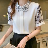 Elegantiški marškinėliai trumpomis rankovėmis Vasaros 2022 Blusas Mujer De Moda Prašmatni apykaklė balta palaidinė Moteriški biuro moteriški viršutiniai drabužiai spausdinti drabužiai 21645 S balta