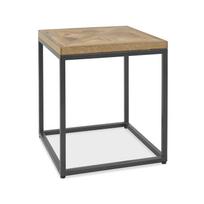 INDUS šoninis staliukas 45x45x50 cm, ąžuolo faneruotės mozaikinis stalviršis, pilkas metalinis rėmas