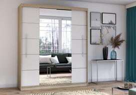 Idzczak RICO spinta su veidrodžiu (spalvos) 204 cm balta + veidrodis Sonoma ąžuolas LED profilis 200